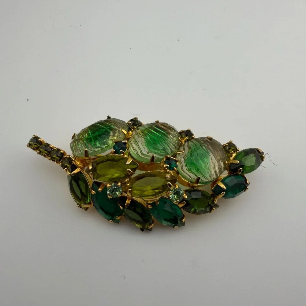 Vintage Reverse Carved Givre Rhinestone Leaf Brooch Statement Pin